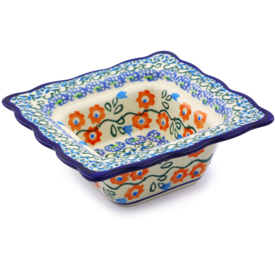 Polish Pottery Square Bowl 5&quot; Tulip Vines