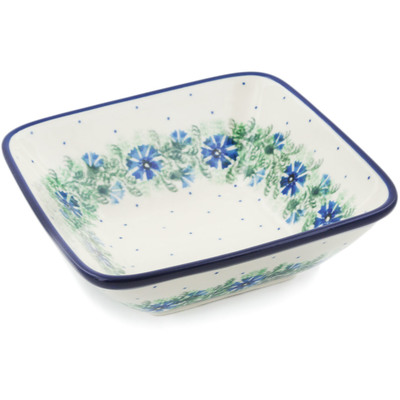 Polish Pottery Square Bowl 6&quot; Blue Bell Wreath