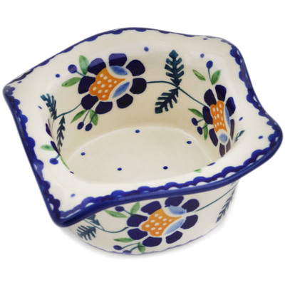 Polish Pottery Square Bowl 6&quot; Orange And Blue Flower