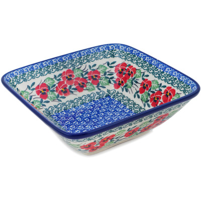 Polish Pottery Square Bowl 6&quot; Red Pansy