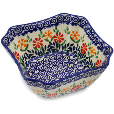 Polish Pottery Square Bowl 6&quot; Wave Of Flowers