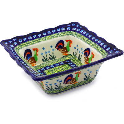 Polish Pottery Square Bowl 7&quot; Country Rooster UNIKAT