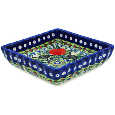 Polish Pottery Square Bowl 7&quot; Fowl In The Florals UNIKAT