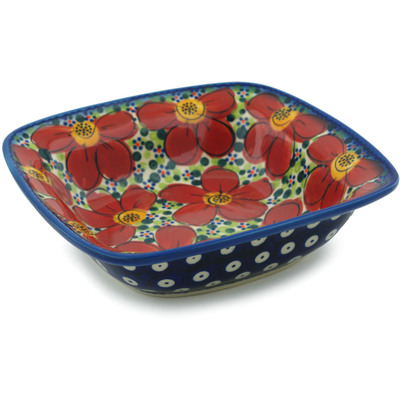 Polish Pottery Square Bowl 7&quot; Red Wildflower UNIKAT