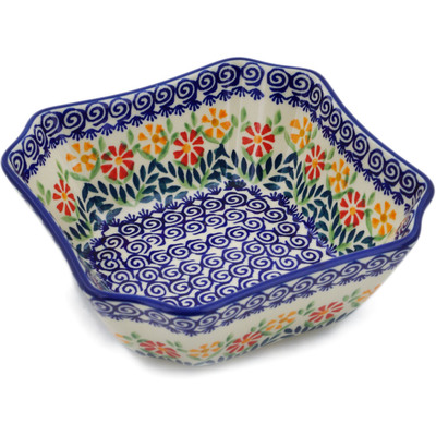 Polish Pottery Square Bowl 7&quot; Wave Of Flowers
