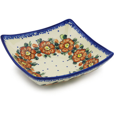 Polish Pottery Square Bowl 8&quot; Autumn Pansies UNIKAT