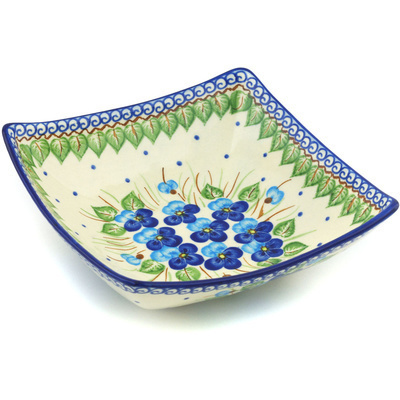 Polish Pottery Square Bowl 8&quot; Blue Pansy