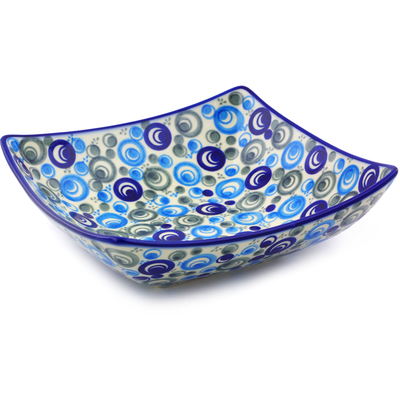 Polish Pottery Square Bowl 8&quot; Blue Peacock Eye