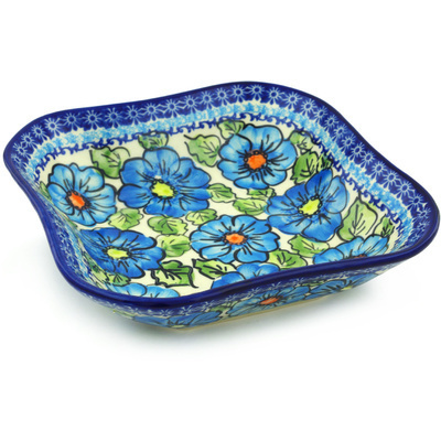 Polish Pottery Square Bowl 8&quot; Bold Blue Poppies UNIKAT