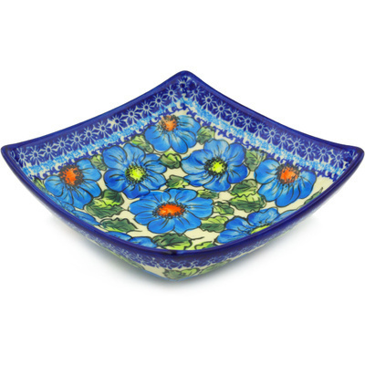 Polish Pottery Square Bowl 8&quot; Bold Blue Poppies UNIKAT