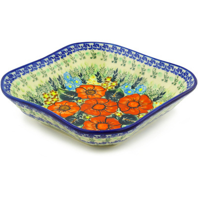 Polish Pottery Square Bowl 8&quot; Bold Red Poppies UNIKAT