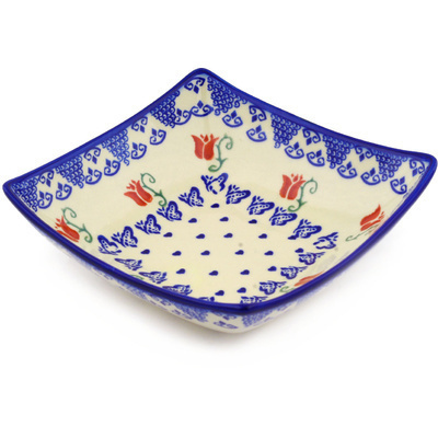 Polish Pottery Square Bowl 8&quot; Butterfly Tulips