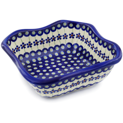 Polish Pottery Square Bowl 8&quot; Flowering Peacock