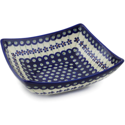 Polish Pottery Square Bowl 8&quot; Flowering Peacock
