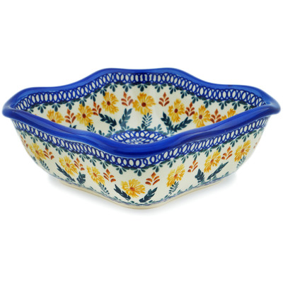 Polish Pottery Square Bowl 8&quot; Golden Flower Garden