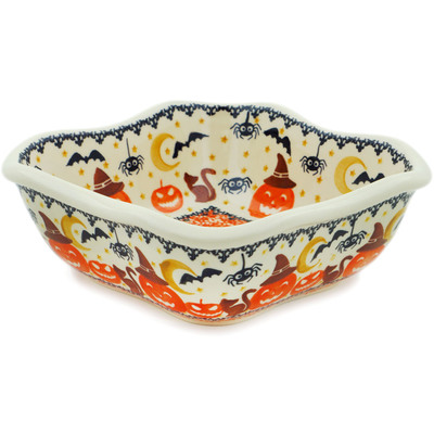 Polish Pottery Square Bowl 8&quot; Halloween Spooky Pumpkin