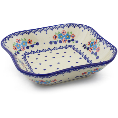 Polish Pottery Square Bowl 8&quot; Hearts And Flowers