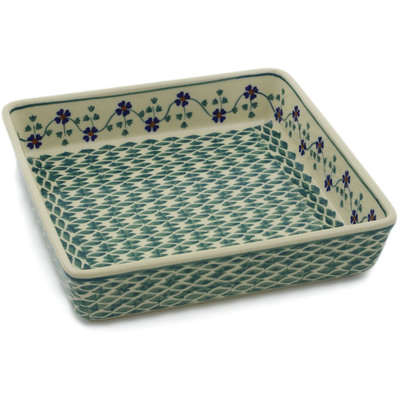 Polish Pottery Square Bowl 8&quot; Lucky Blue Clover