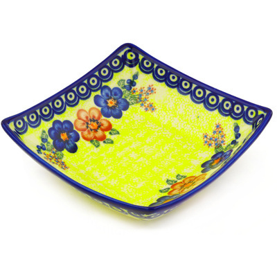 Polish Pottery Square Bowl 8&quot; Neon Poppies