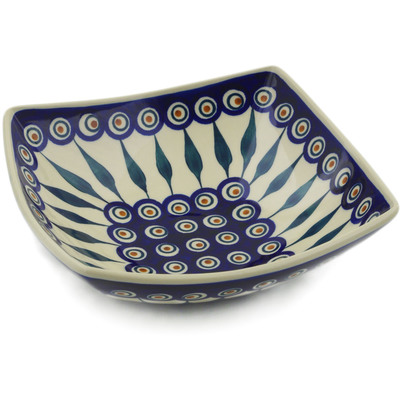 Polish Pottery Square Bowl 8" Peacock Leaves