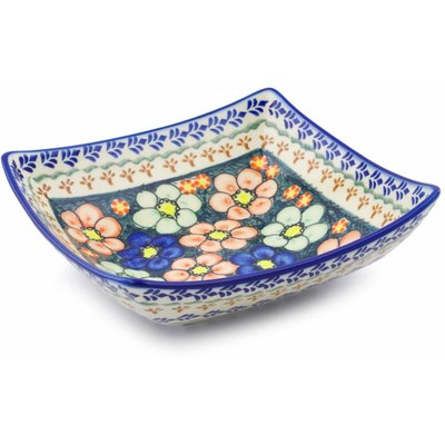 Polish Pottery Square Bowl 8&quot; Poppy Garden UNIKAT