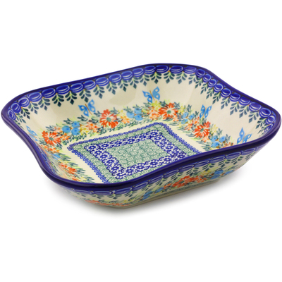 Polish Pottery Square Bowl 8&quot; Ring Of Flowers UNIKAT