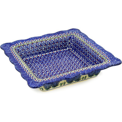 Polish Pottery Square Bowl 9&quot; Blue Bulbs