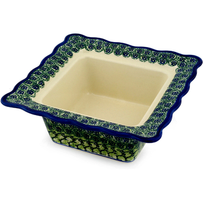 Polish Pottery Square Bowl 9&quot; Emerald Forest