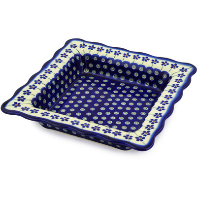 Polish Pottery Square Bowl 9&quot; Flowering Peacock