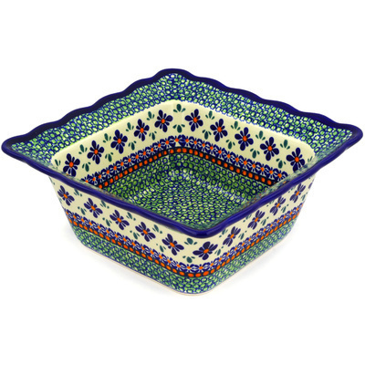 Polish Pottery Square Bowl 9&quot; Gingham Flowers
