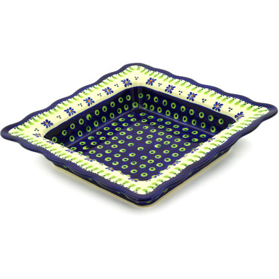 Polish Pottery Square Bowl 9&quot; Green Gingham Peacock