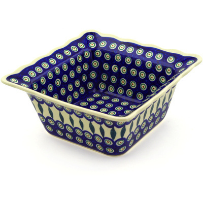 Polish Pottery Square Bowl 9" Peacock Leaves