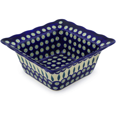 Polish Pottery Square Bowl 9&quot; Peacock Leaves