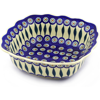 Polish Pottery Square Bowl 9&quot; Peacock Leaves