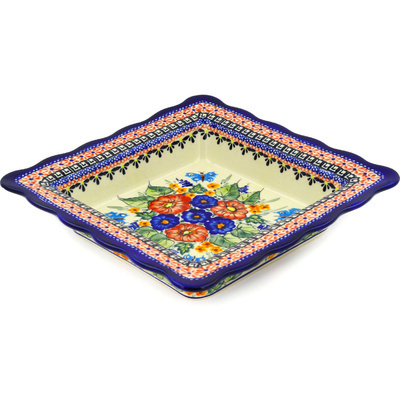 Polish Pottery Square Bowl 9&quot; Spring Splendor UNIKAT