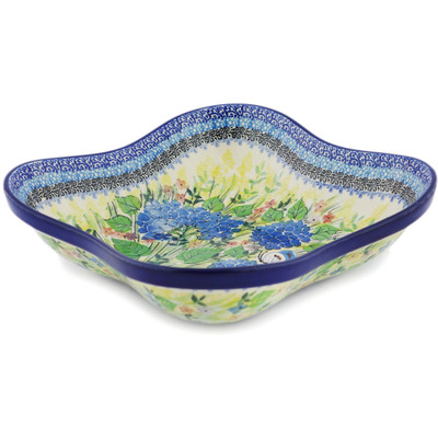 Polish Pottery Square Bowl Blue Hydrangea UNIKAT