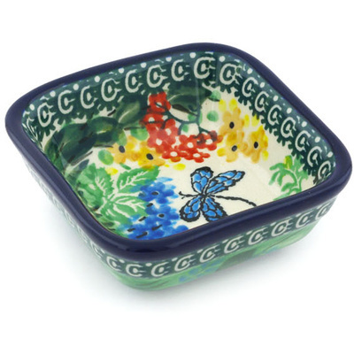 Polish Pottery Square Bowl Small Dragonfly Delight UNIKAT