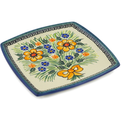 Polish Pottery Square Plate 10&quot; Yellow Flower UNIKAT