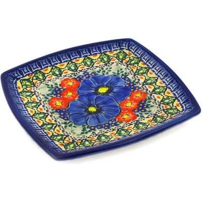 Polish Pottery Square Plate 6&quot; Aztec Flowers UNIKAT