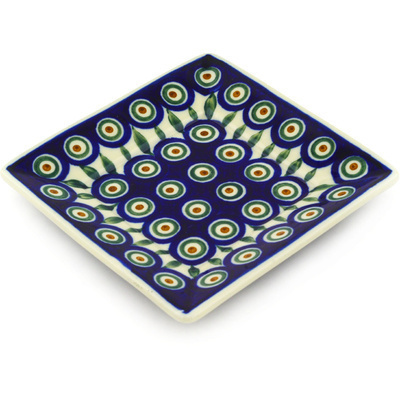 Polish Pottery Square Plate 6&quot; Peacock Leaves