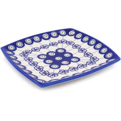 Polish Pottery Square Plate 7&quot; Flowering Peacock