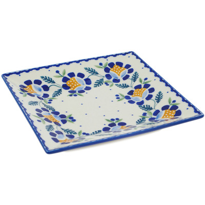 Polish Pottery Square Plate 7&quot; Orange And Blue Flower