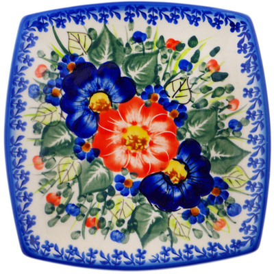 Polish Pottery Square Plate 7&quot; Poppy Trio UNIKAT