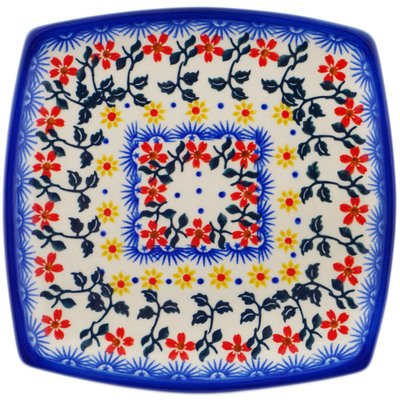 Polish Pottery Square Plate 7&quot; Red Sunflower