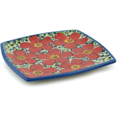 Polish Pottery Square Plate 7&quot; Red Wildflower UNIKAT