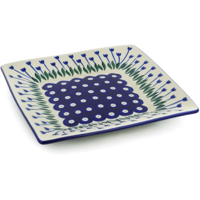 Polish Pottery Square Plate 8&quot; Blue Tulip Peacock