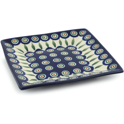 Polish Pottery Square Plate 8&quot; Peacock Leaves