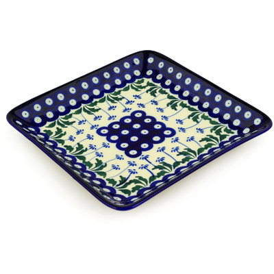 Polish Pottery Square Platter 8&quot; Blue Daisy Peacock