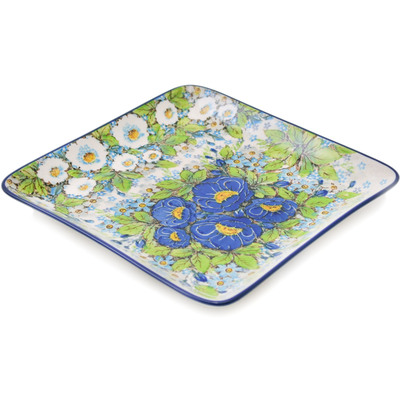 Polish Pottery Square Platter 8&quot; Blue Wild Field Flowers UNIKAT