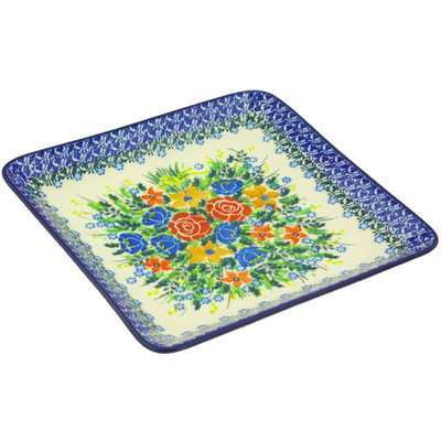 Polish Pottery Square Platter 8&quot; Sea Of Flowers UNIKAT